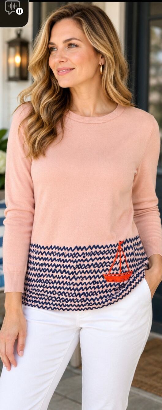 Boden Low Tide Pink Sweater, 100% Wool, Nautical Sailboat Coastal, Size 12